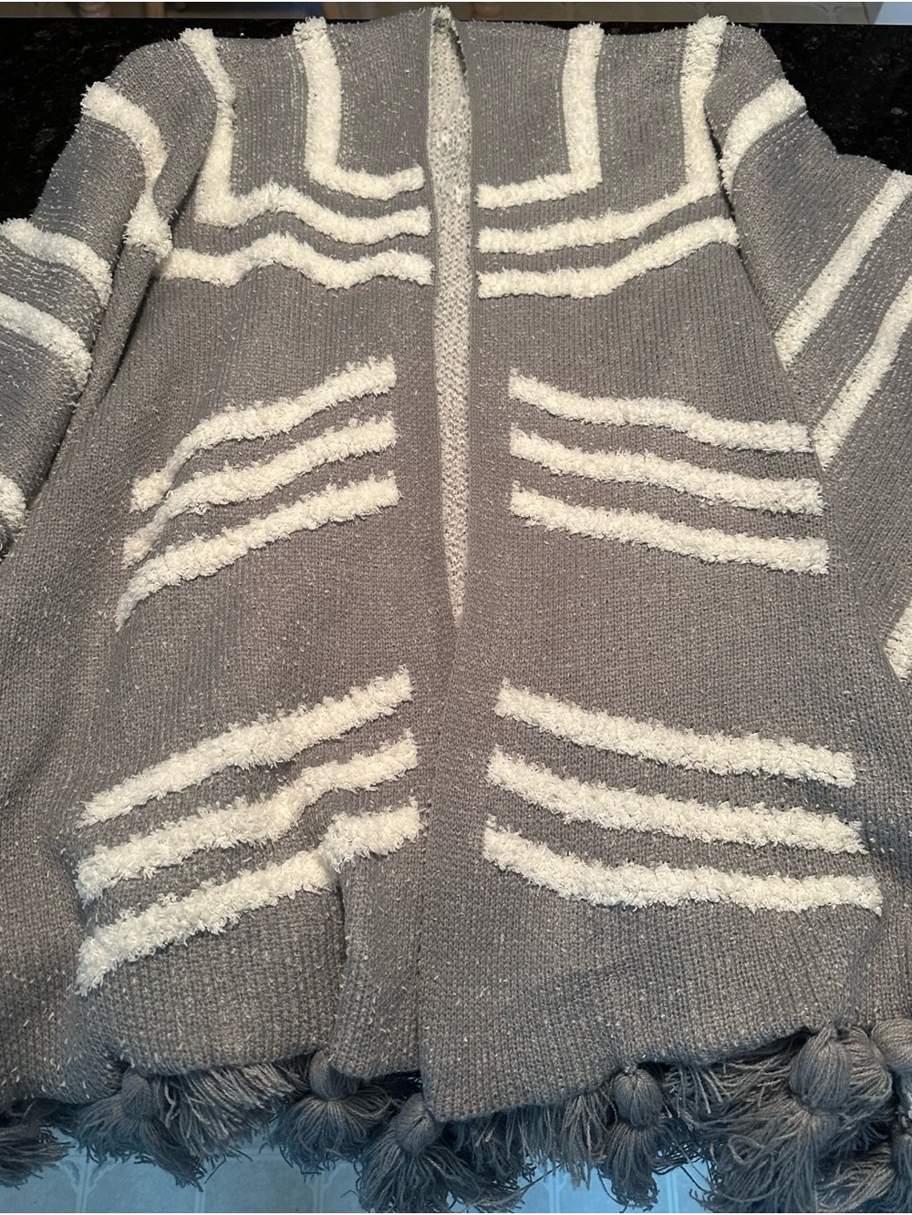 Cozy Gray Open-Front Sweater Cardigan with Cream Stripe Accents